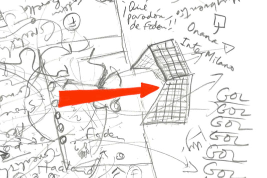 Close-up showing graphite detail around right-side goal with red detail from Manchester City v Inter Milan Champions League Final 2023.