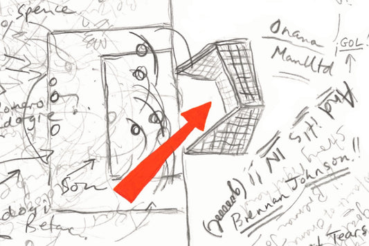 Close-up showing graphite line detail and red goal annotation from the Tottenham Hotspur v Manchester United Europa League Final 2025.