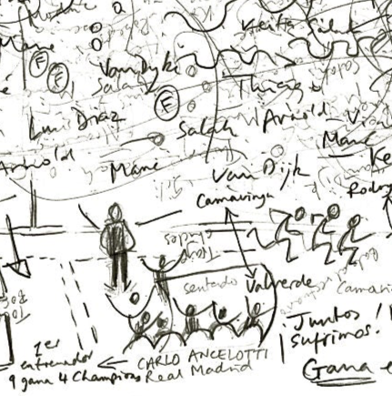 Carlo Ancelotti in football drawing, detail, wins 4 Champions 2022