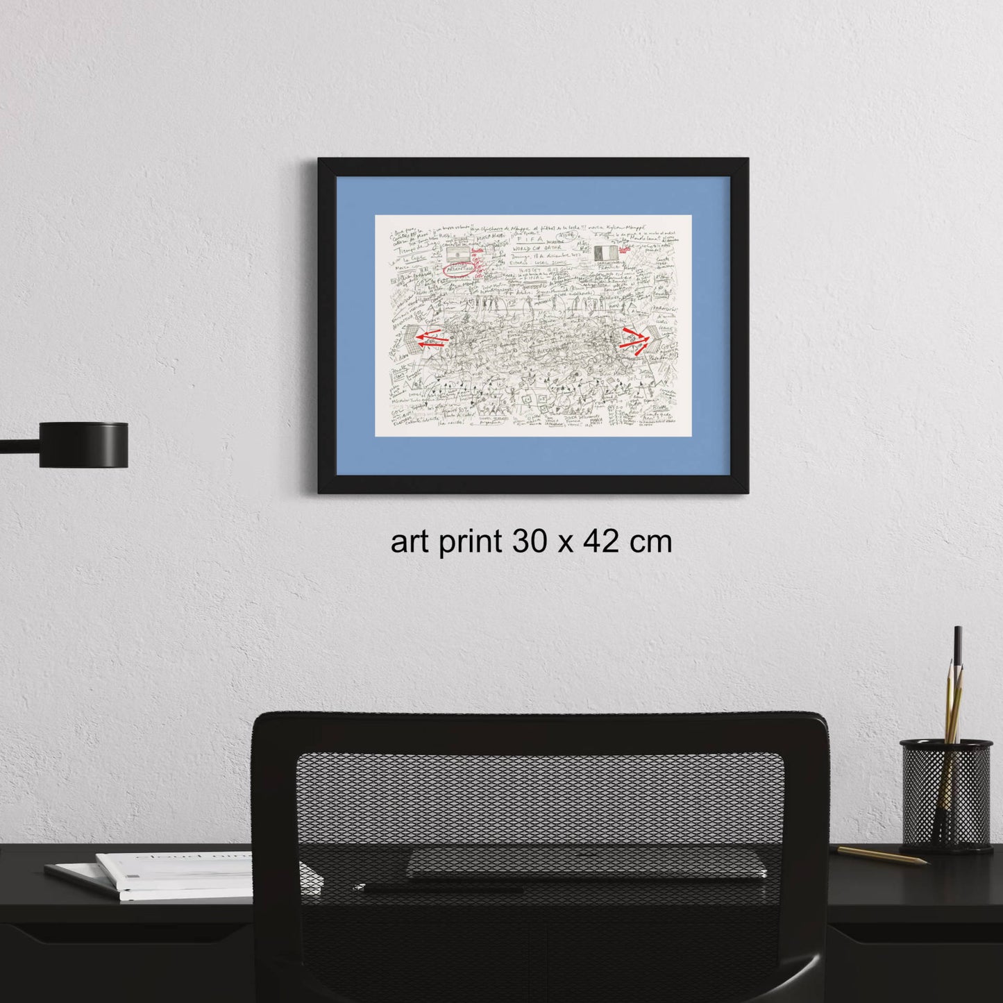 Football art print framed of FIFA World Cup 2022 on study wall