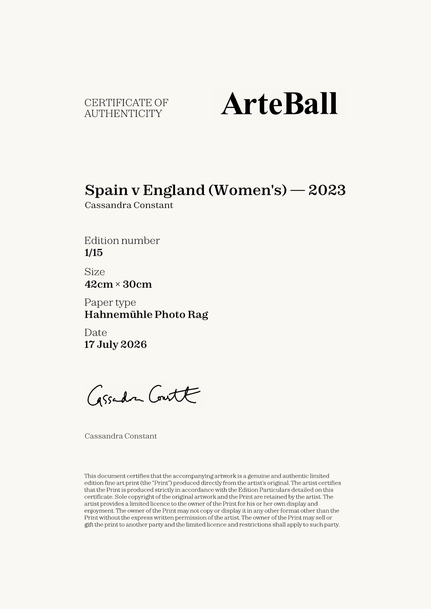 Spain v England (Women's) — 2023 — Certificate of Authenticity