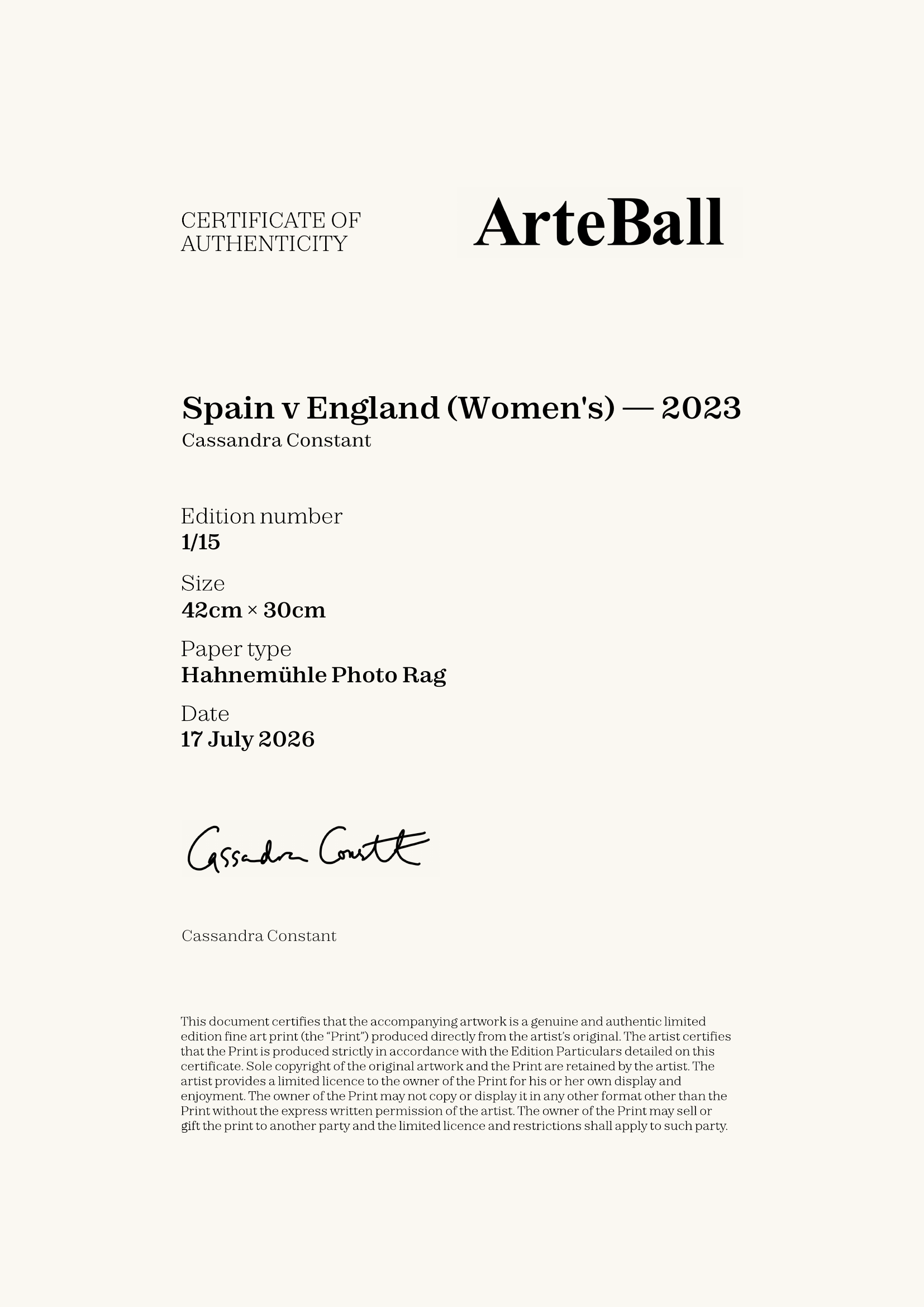 Spain v England (Women's) — 2023 — Certificate of Authenticity