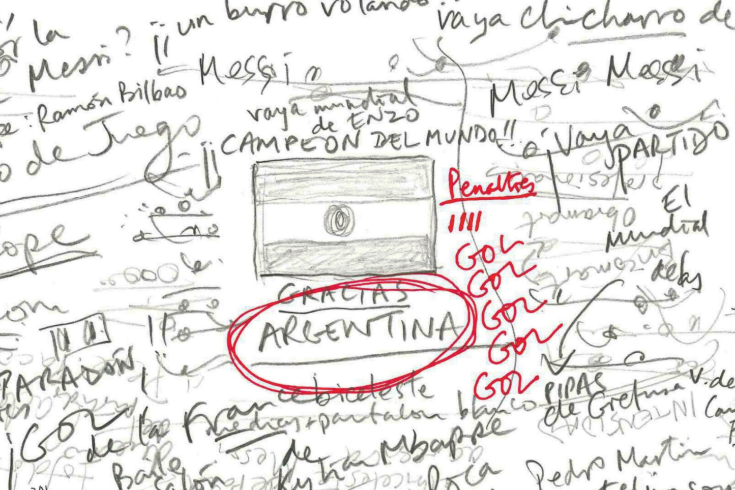 Close-up of Argentinian flag and penalty score shoot-out, with graphic pencil lines and red annotations from World Cup Final 2022 drawing.