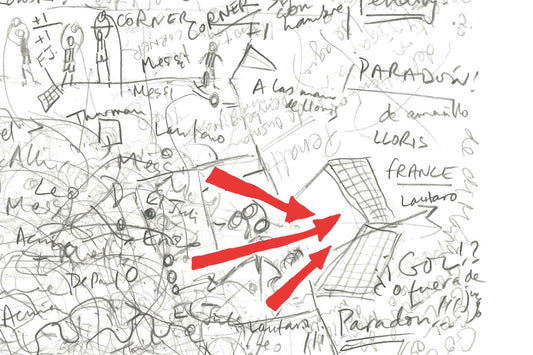 Close-up showing graphite line detail and red goal annotation from the Argentina v France World Cup Final 2022 drawing.