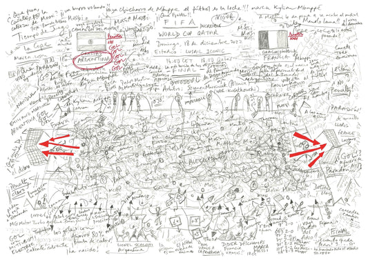 ArteBall drawing of Argentina v France, FIFA World Cup Final 2022, black graphite lines with red goal annotations.