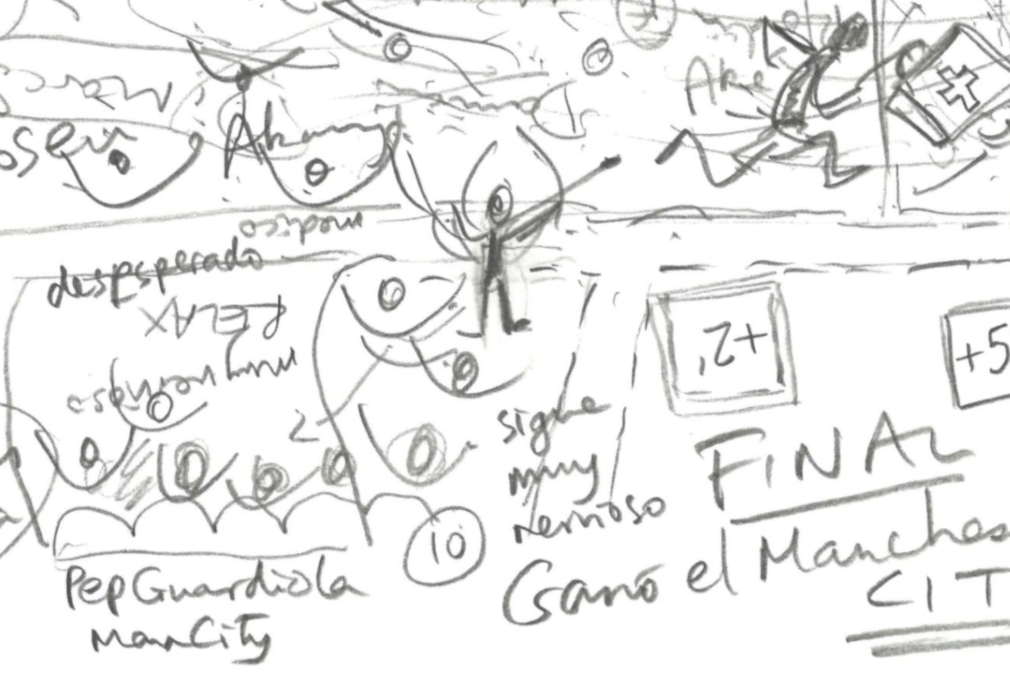 Close-up showing coach and bench area in graphite pencil from Manchester City v Inter Milan Champions League Final 2023.