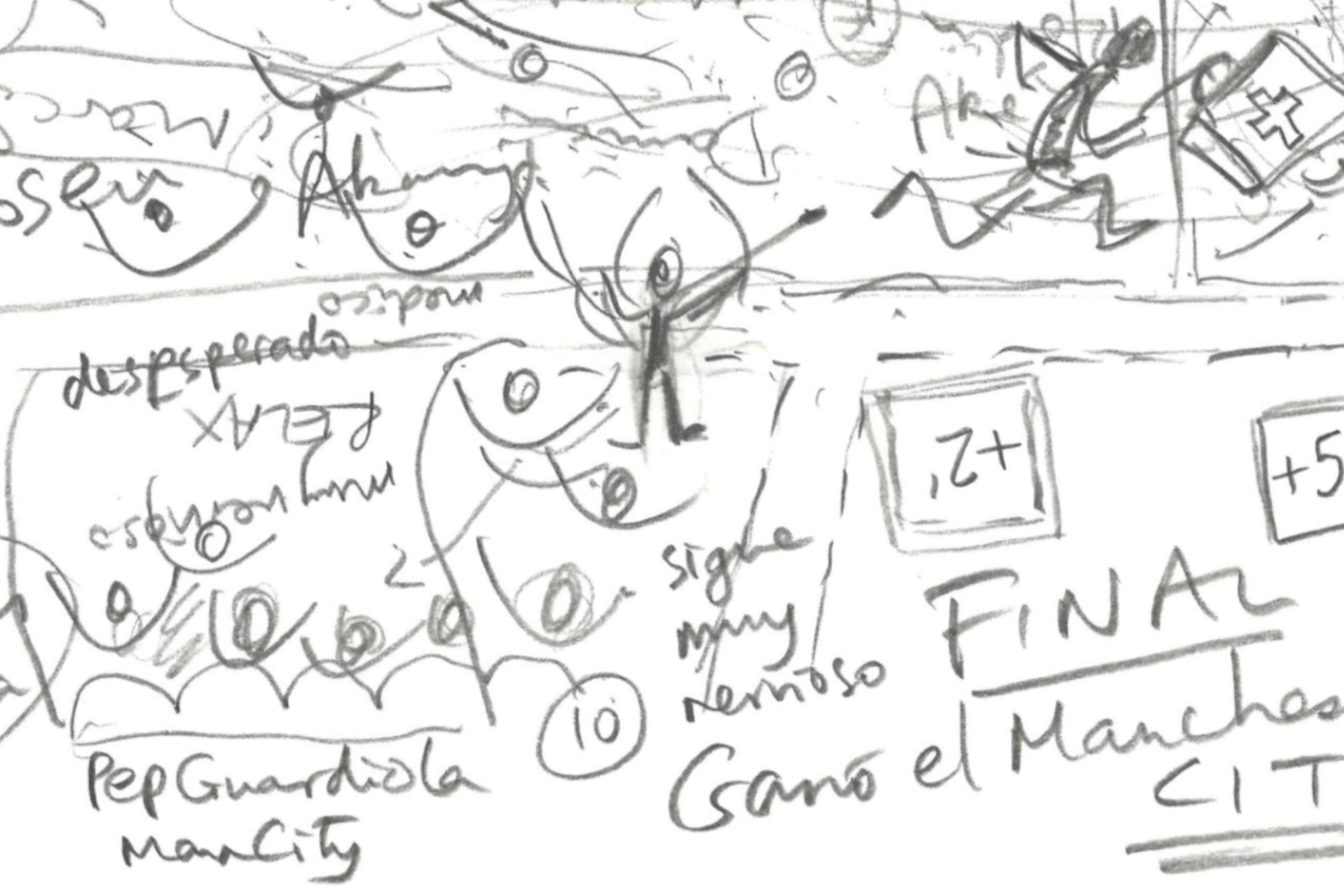 Close-up showing coach and bench area in graphite pencil from Manchester City v Inter Milan Champions League Final 2023.
