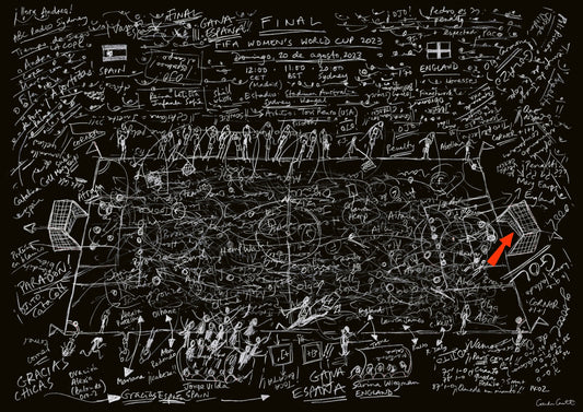 ArteBall drawing of Spain v England, FIFA Women's World Cup Final 2023,with white line on black and red goal annotation.