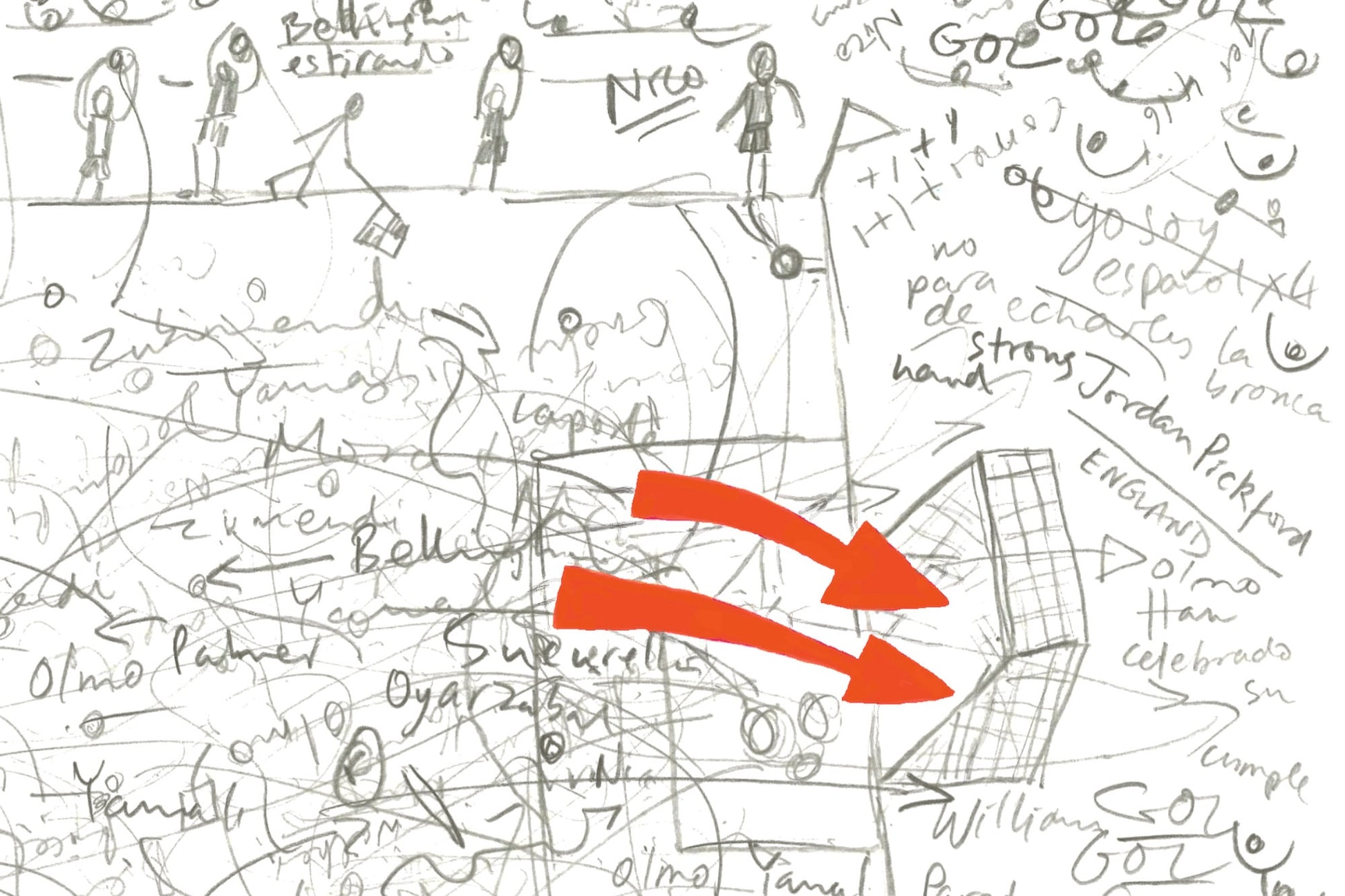 Close-up showing graphite detail and red goal annotation from the Spain v England Euro Cup Final 2024.