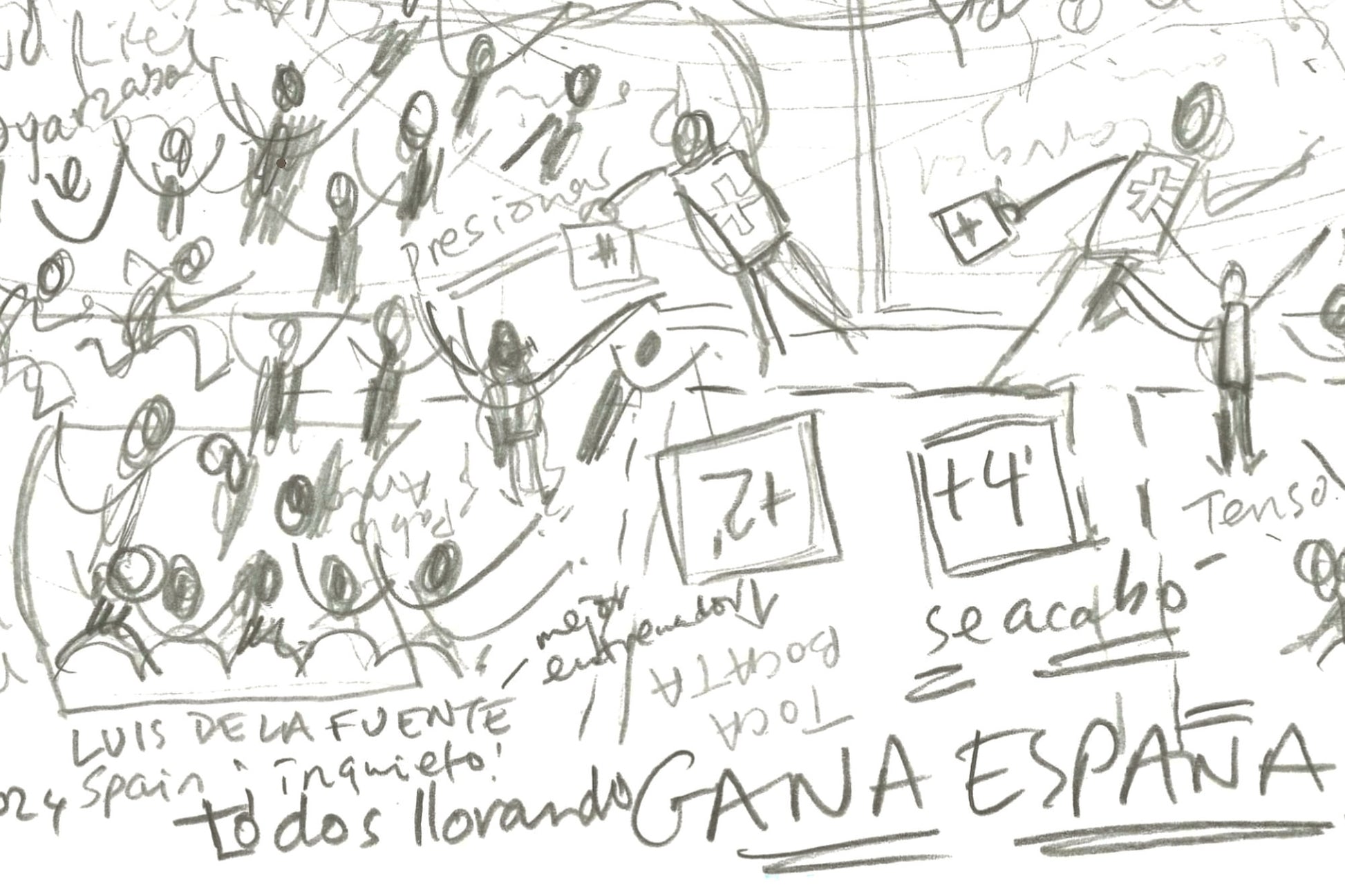 Close-up of handwritten extra-time annotations and celebrations from Spain v England Euro Cup Final 2024.