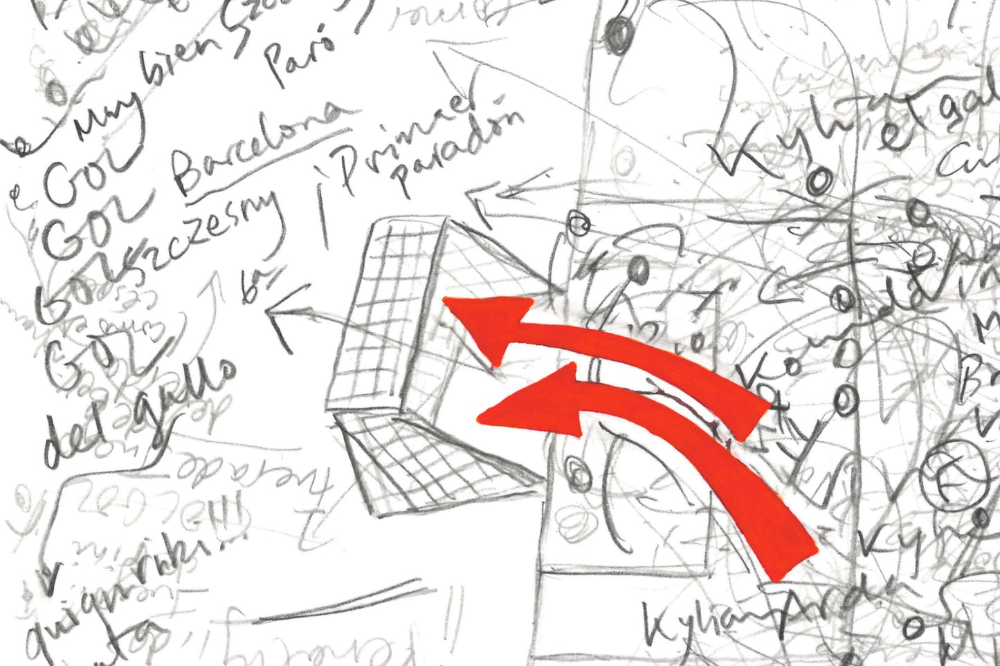 Close-up showing graphite pencil lines and red goal annotations from the Barcelona v Real Madrid Copa del Rey Final 2025.