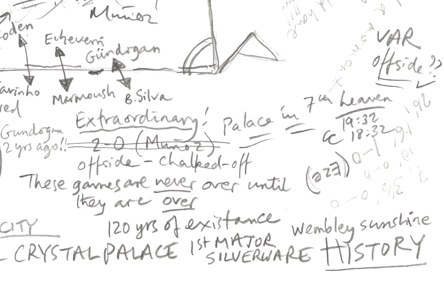 Close-up showing pencil annotations from Crystal Palace v Manchester City FA Cup Final 2025.