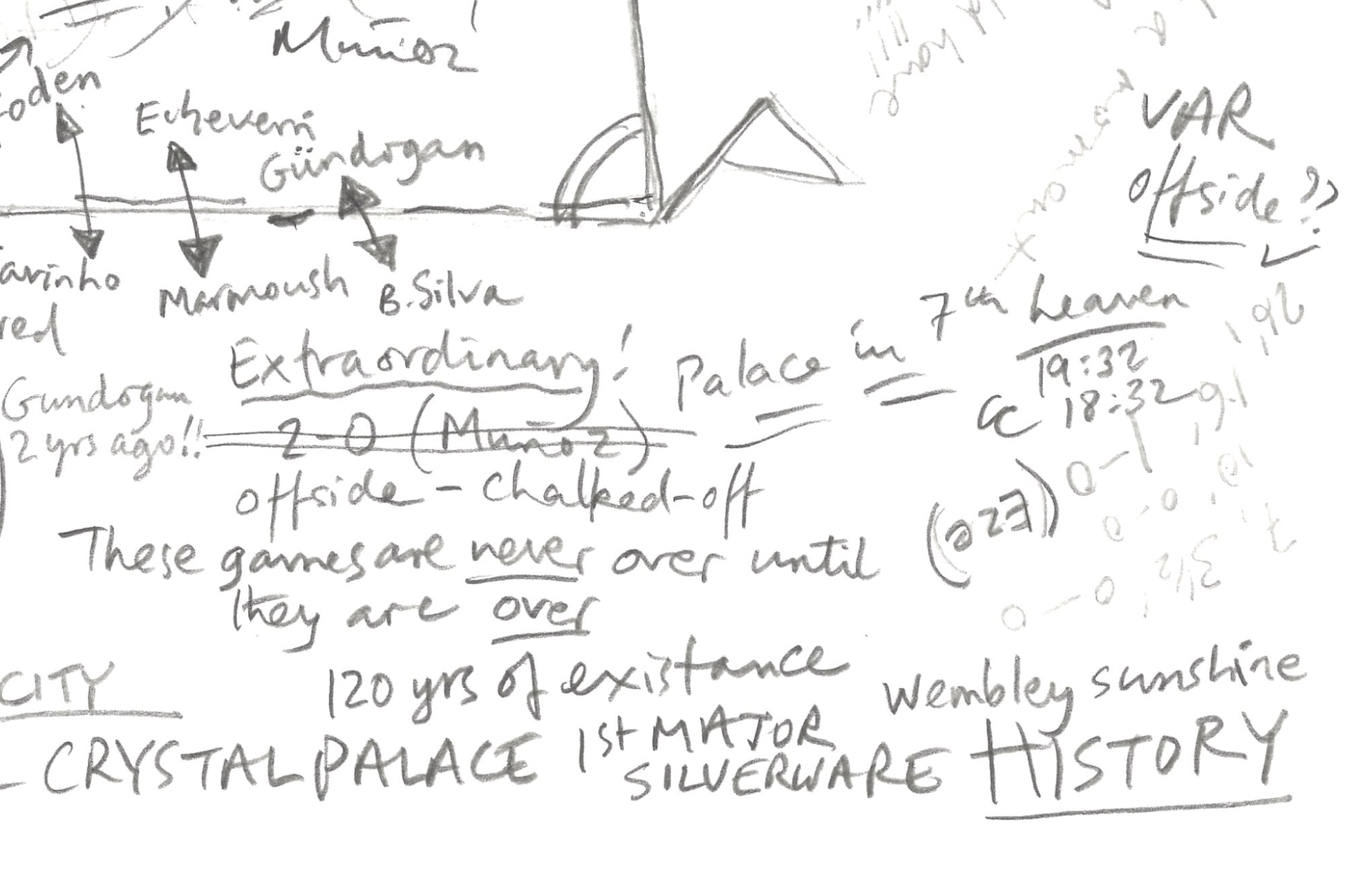 Close-up showing pencil annotations from Crystal Palace v Manchester City FA Cup Final 2025.