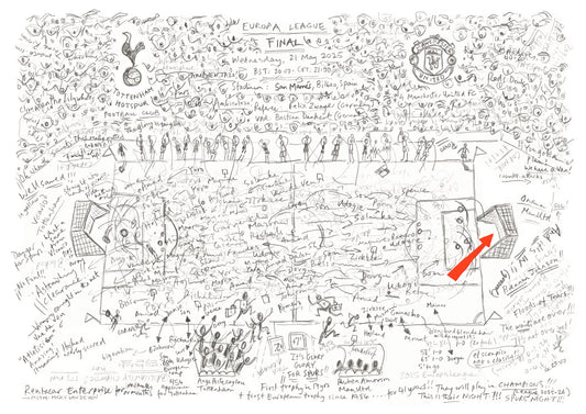 ArteBall drawing of Tottenham Hotspur v Manchester United, UEFA Europa League Final 2025, black graphite lines with red goal annotation.