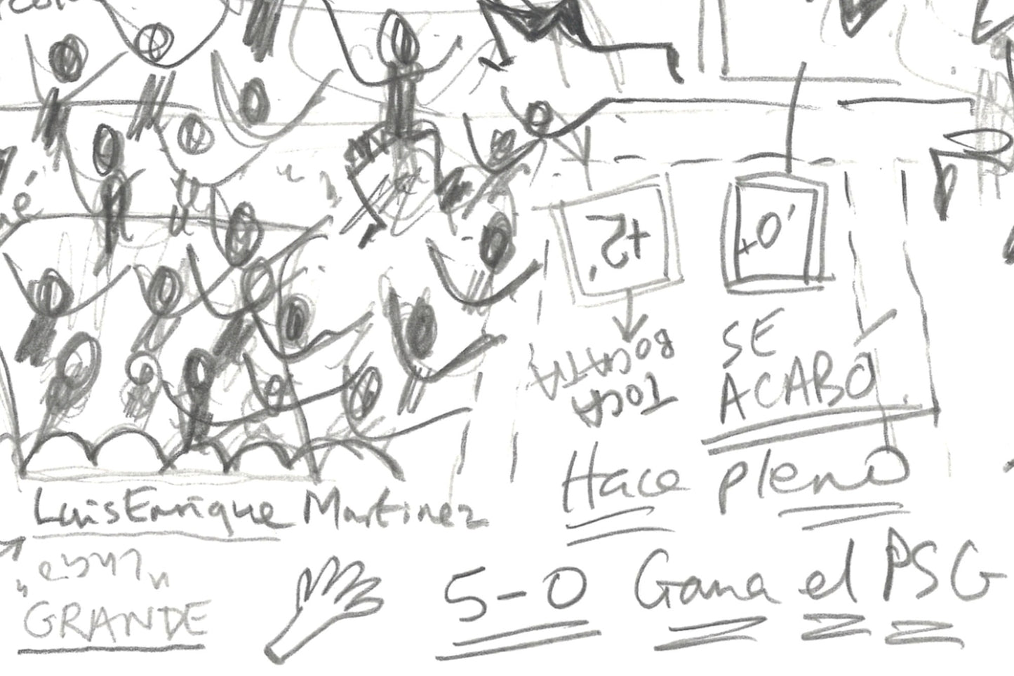 Close-up showing graphite pencil drawing of players on the bench celebrating during  match between PSG and Inter Milan.