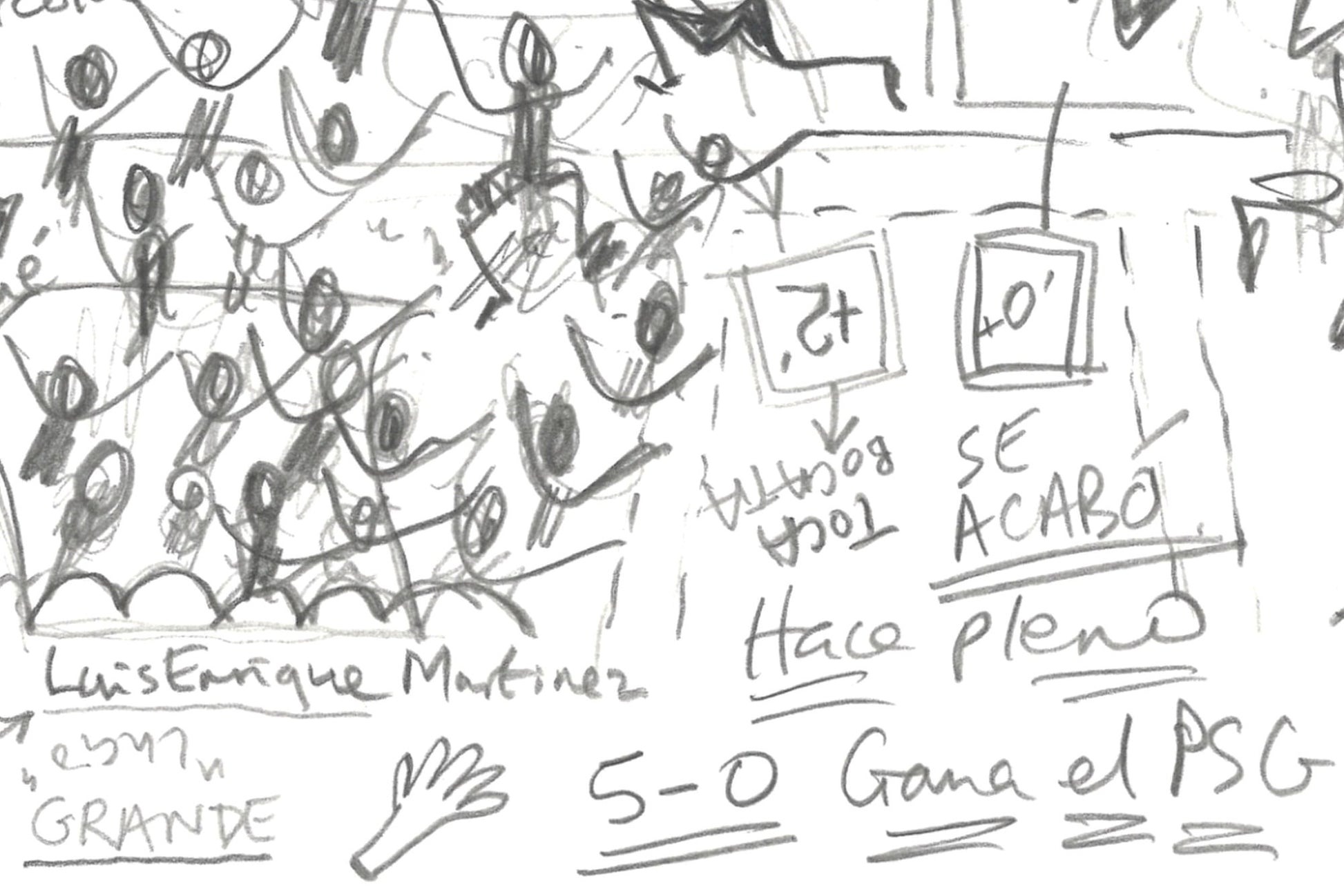 Close-up showing graphite pencil drawing of players on the bench celebrating during  match between PSG and Inter Milan.