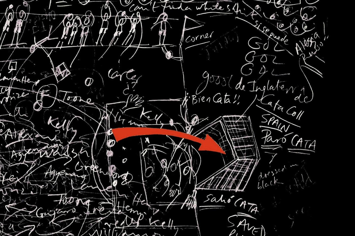 Close-up of right goal area, drawing in white on black background, match between England and Spain Women's Euro Cup Final 2025.