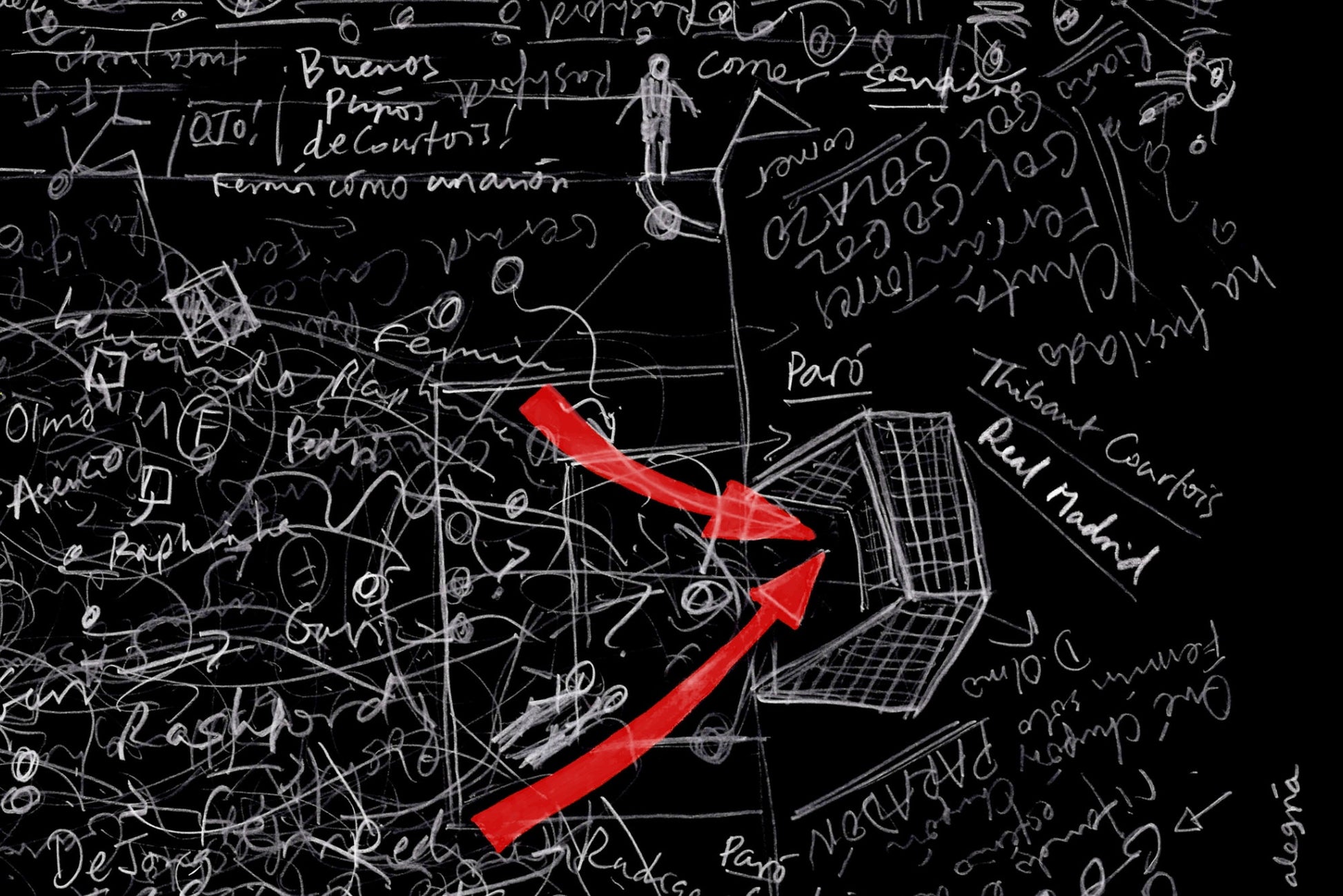 Close-up showing white on black drawing with red goal annotations from La Liga match between Barcelona and Real Madrid.
