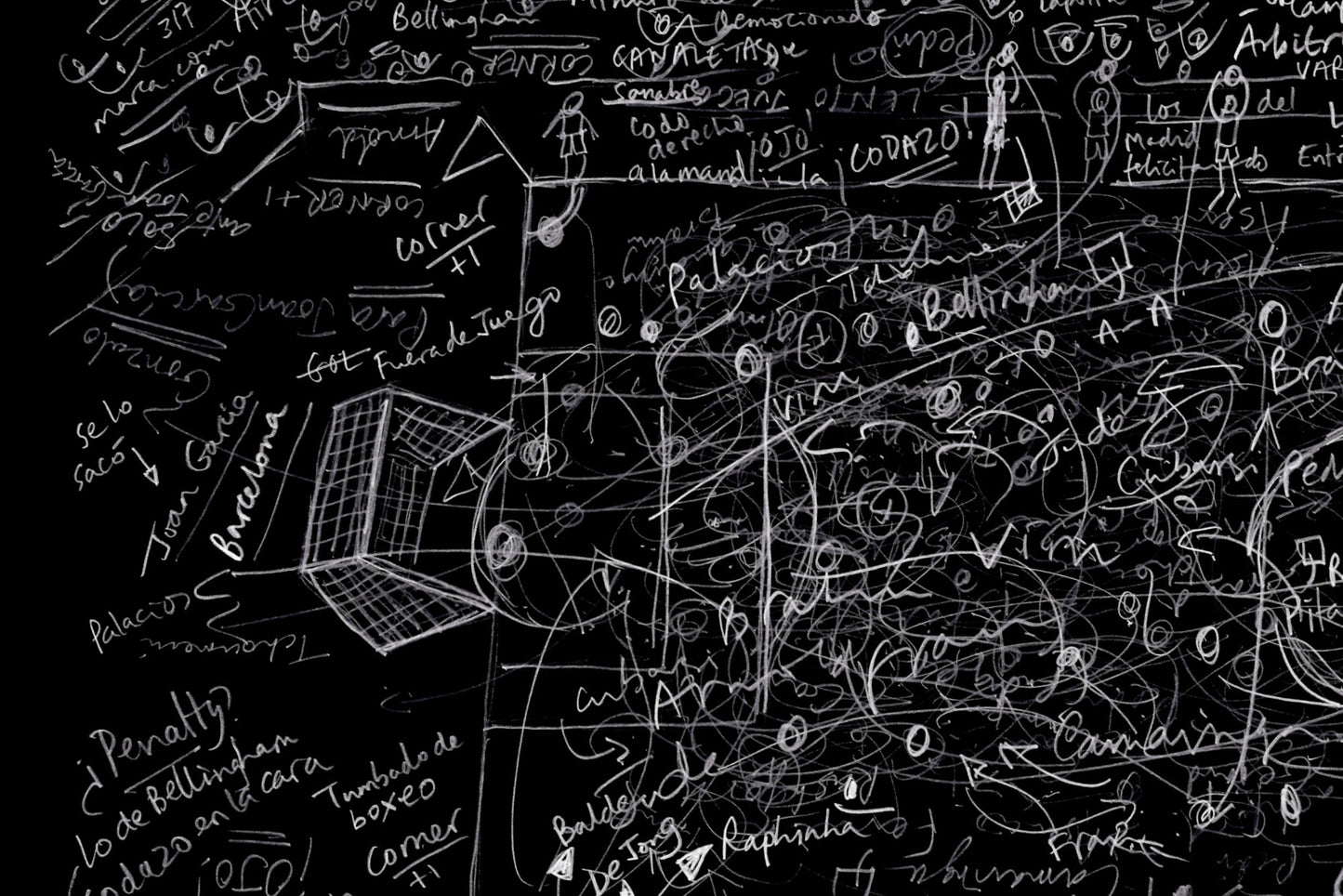 Close-up of left goal area in white on black drawing, from La Liga Clásico match.