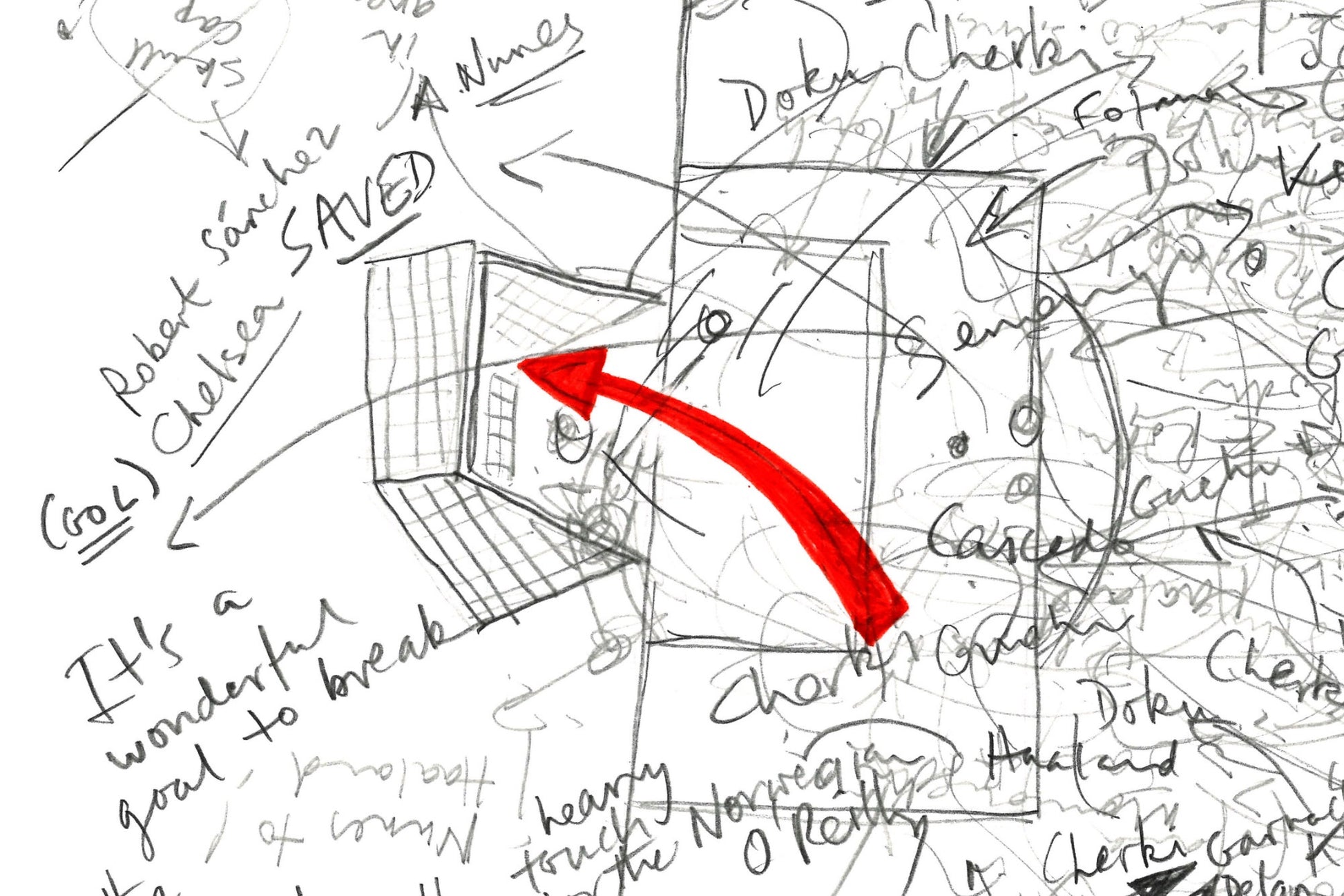 Close-up showing graphite line detail and red goal annotation scored by Manchester City in FA Cup Final 2026