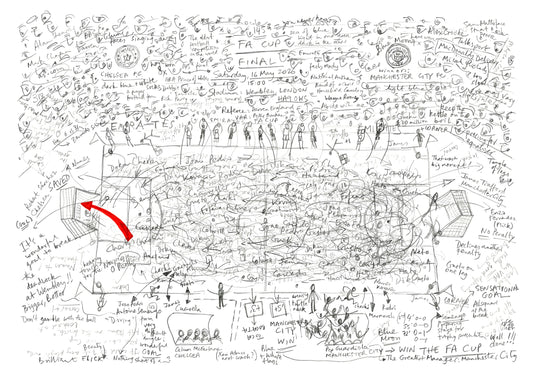 ArteBall drawing of Chelsea v Manchester City, FA Cup Final 2026, black graphic lines with red goal annotation.