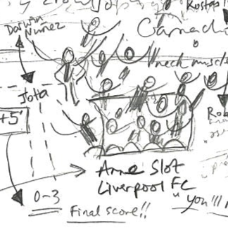Football art print detail of Liverpool coach, Arne Slot, celebrates goal
