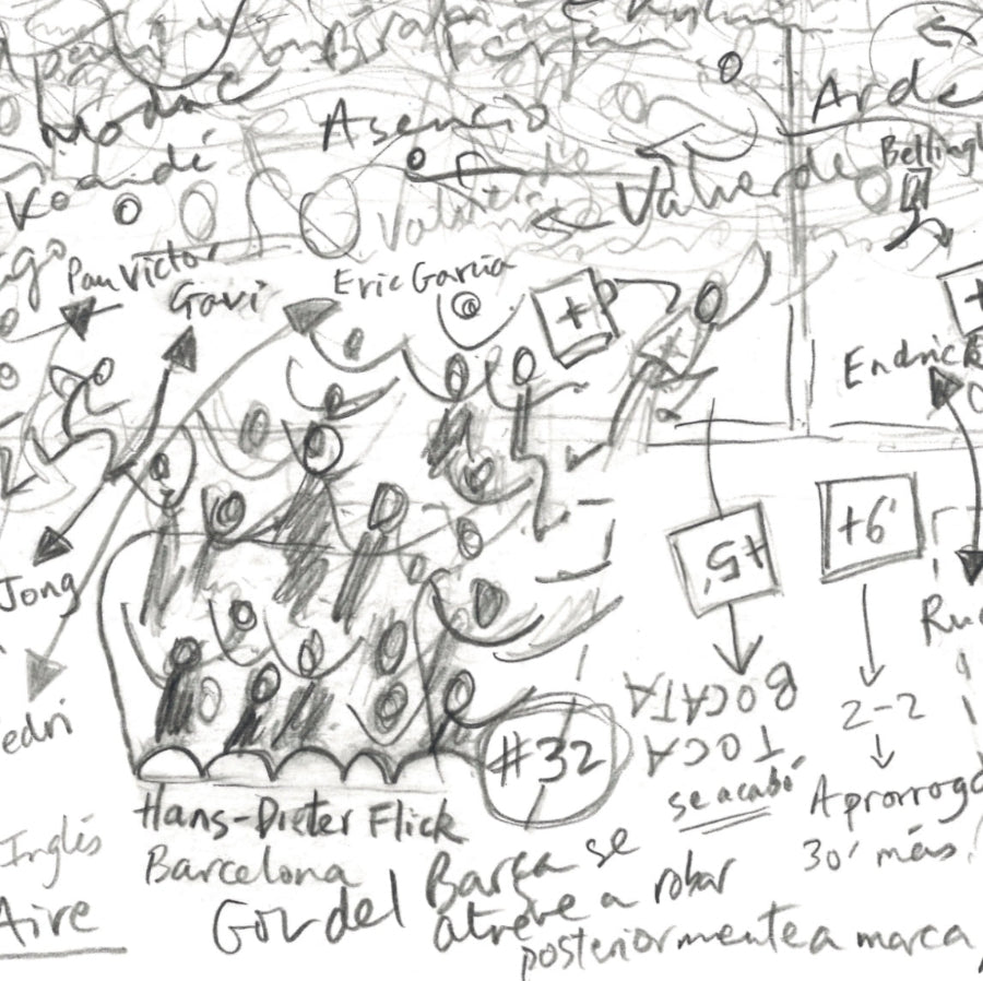 Hansi Flick Barcelona team celebrate victory in La Cartuja, Seville, close-up detail in pencil