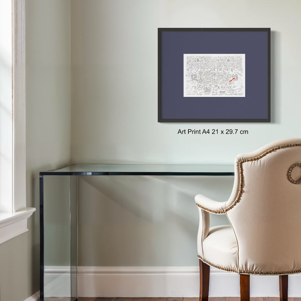 Framed print with wide matting of Crystal Palace winning match FA Cup Final 2025 above glass table
