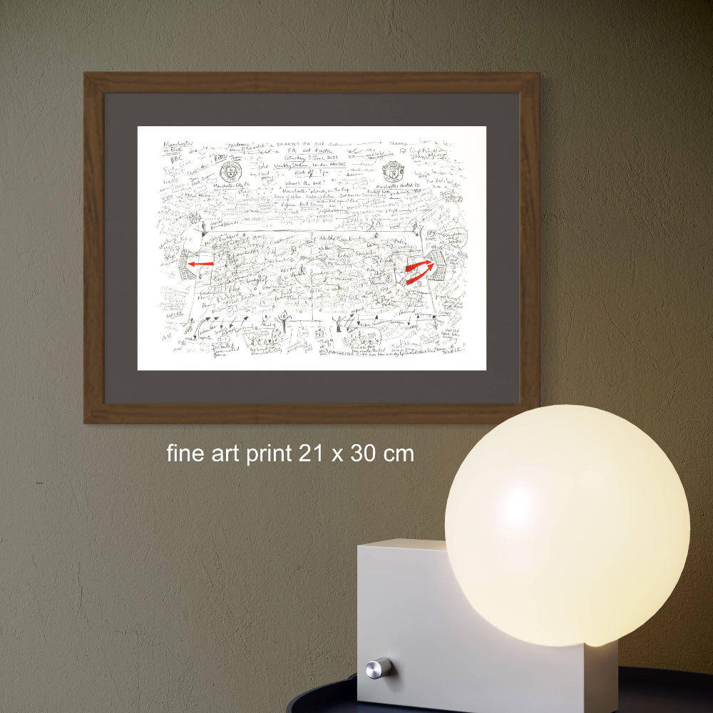 Football art print framed, FA Cup Final 2023 on sage green wall