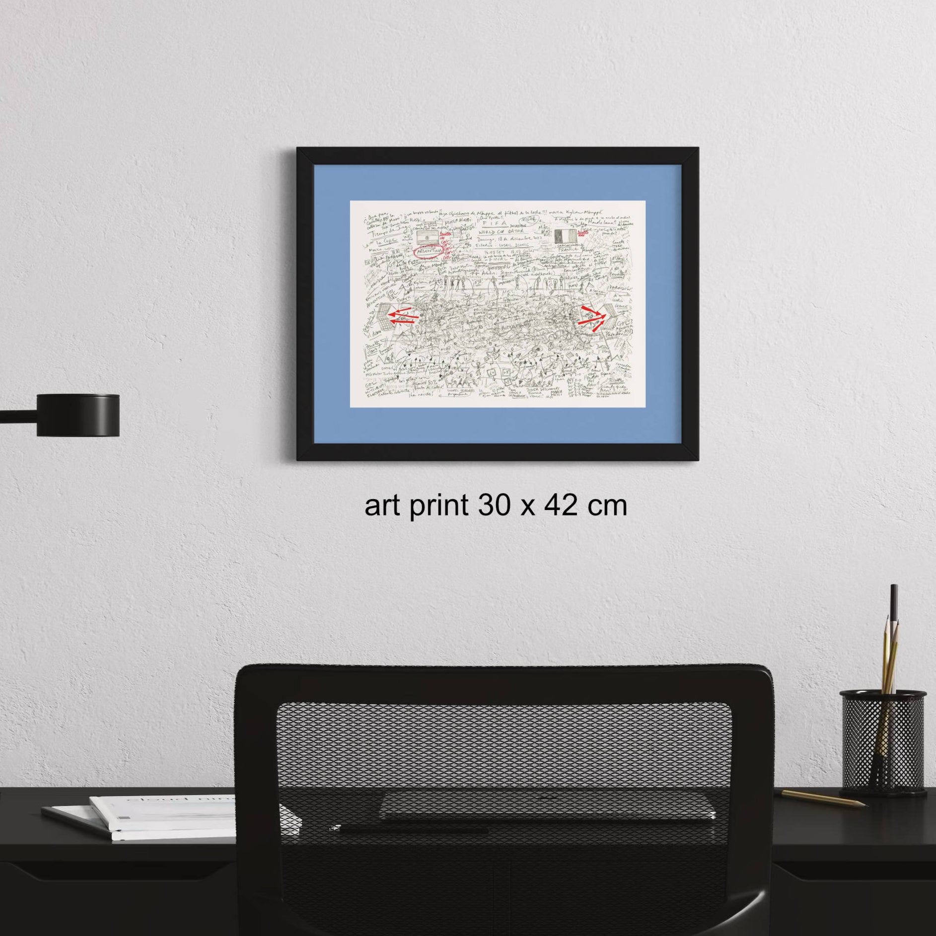 Football art print framed of FIFA World Cup 2022 on study wall