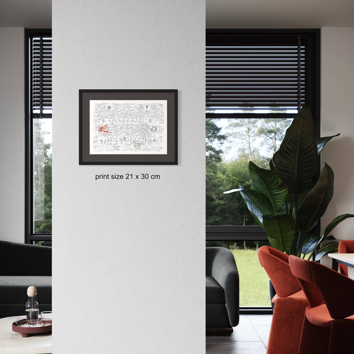 Football art print framed of Man U vs Liverpool, in modern setting