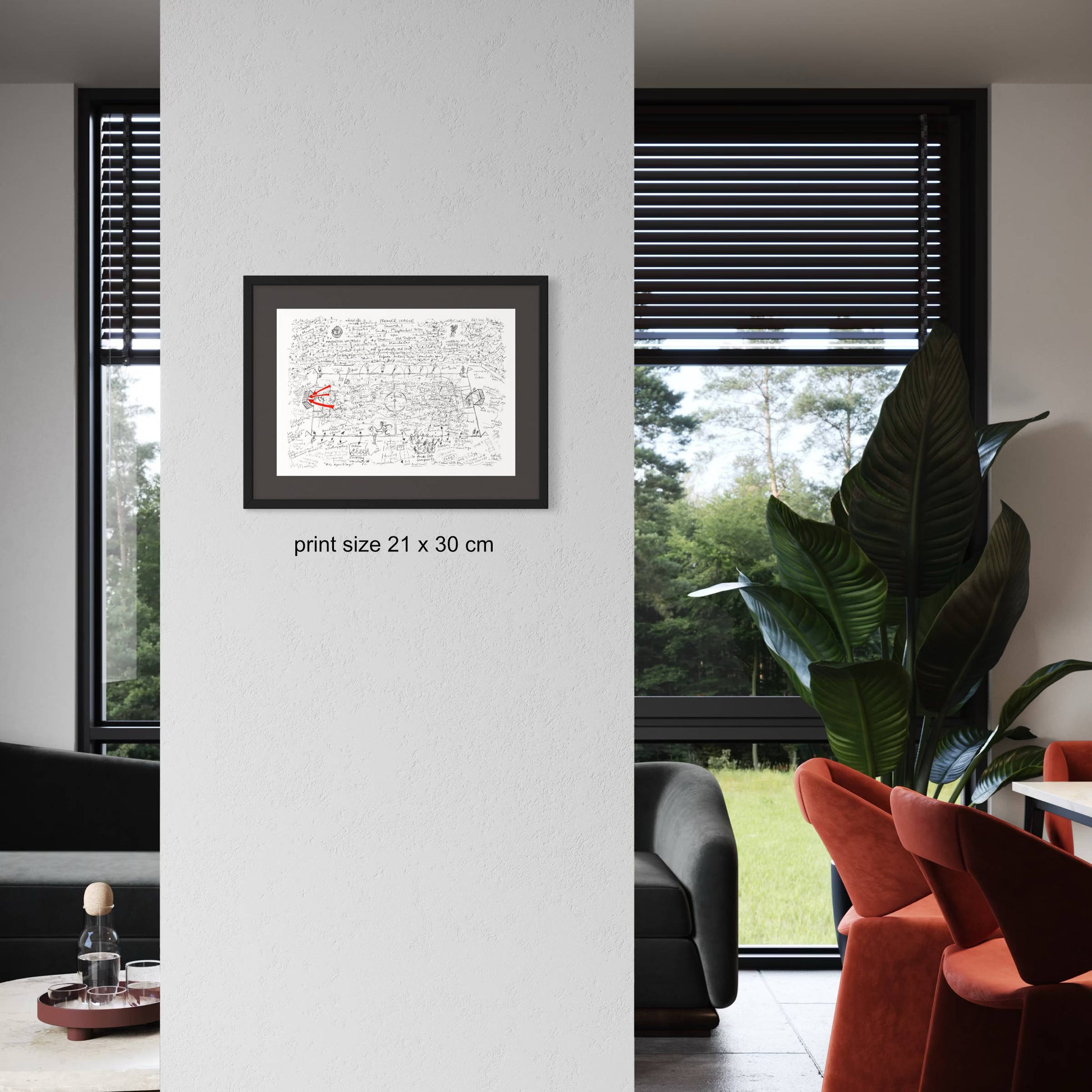 Football art print framed of Man U vs Liverpool, in modern setting
