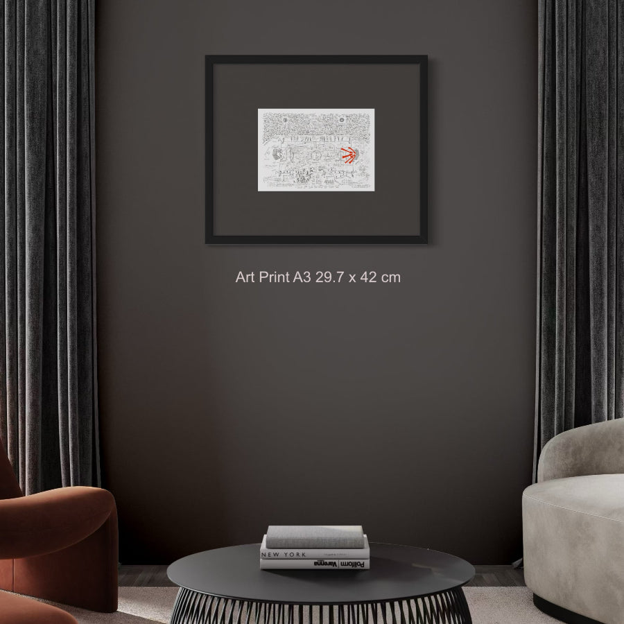 Fine art print of football match on grey wall 