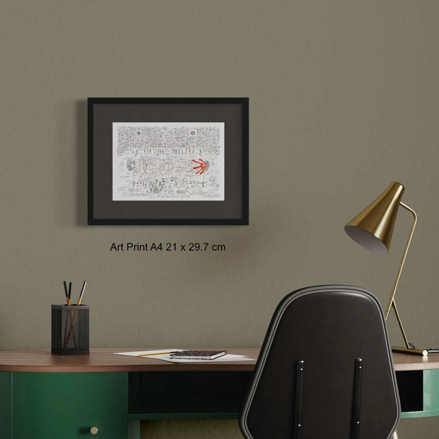 Framed A4 fine art print of Champions League Final 2025 on grey-green wall above desk