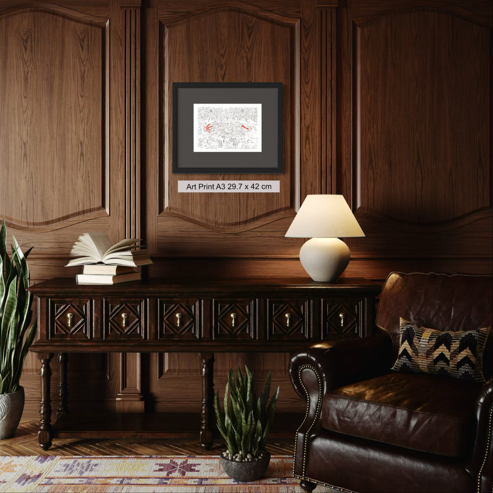 Framed A3 print on wood panel wall in classic decor
