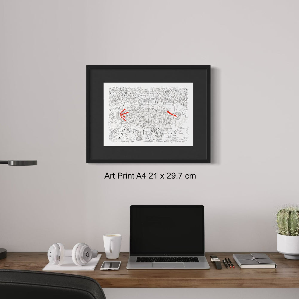 Framed fine art print A4 size football match above work desk