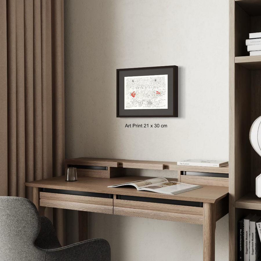 Fine art A4 football print on neutral wall above modern desk, Barcelona wins Supercopa de España 2025