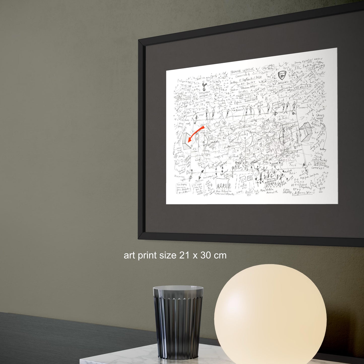 Football art print framed: Spurs vs Arsenal 2024 on green grey wall