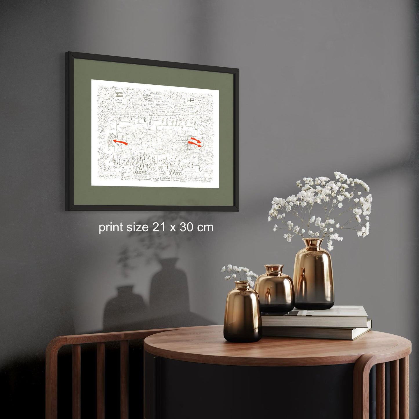 Football art print framed, UEFA Euro Cup Final 2024, on grey wall