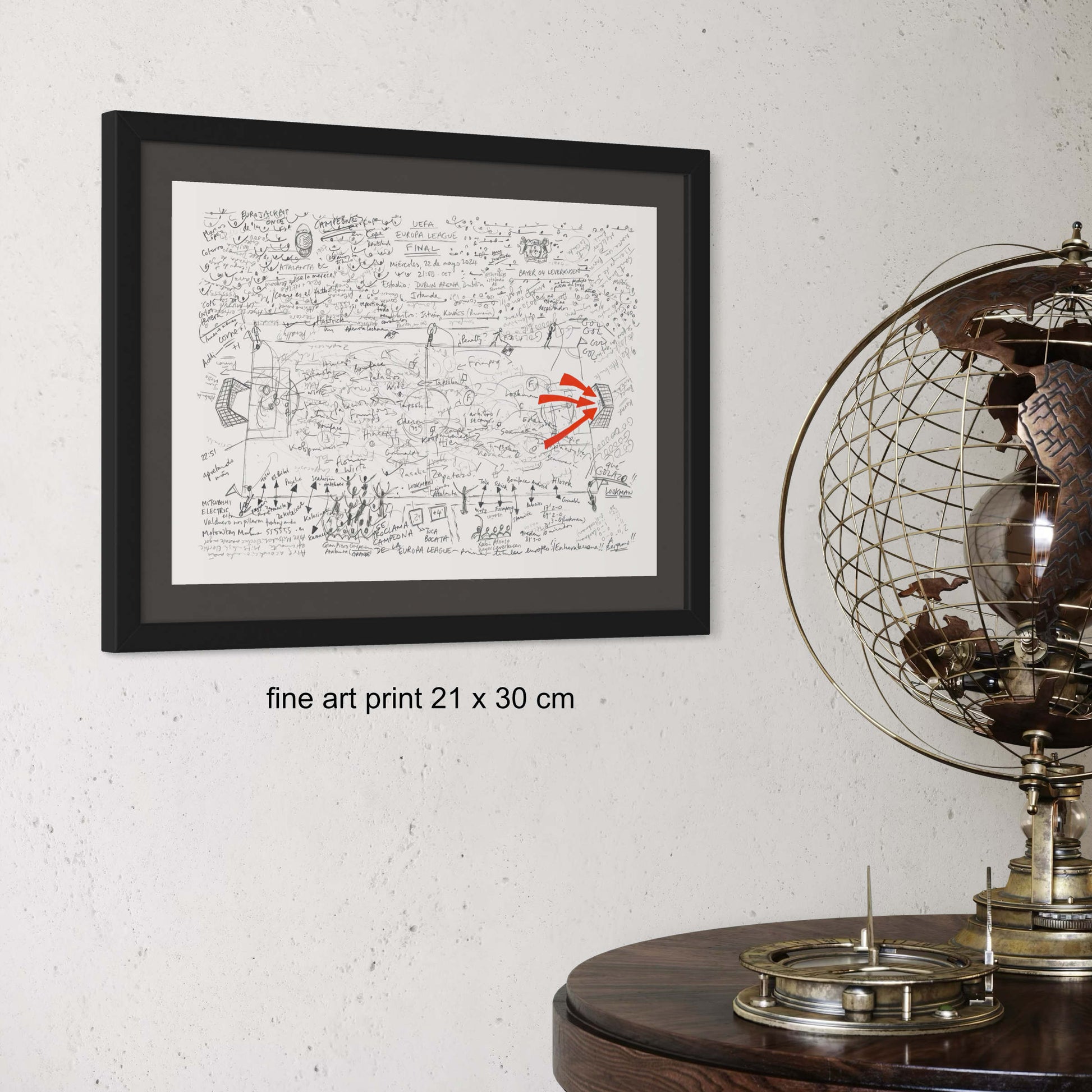 Football art print framed of UEFA Europa League 2024 on wall