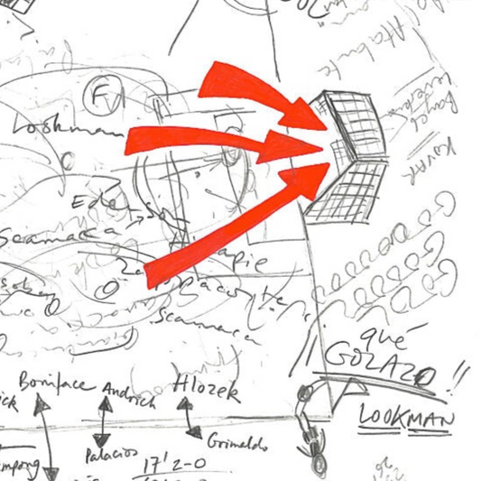 Football art print detail of 3 goals in red, UEFA Europa League Final 2024