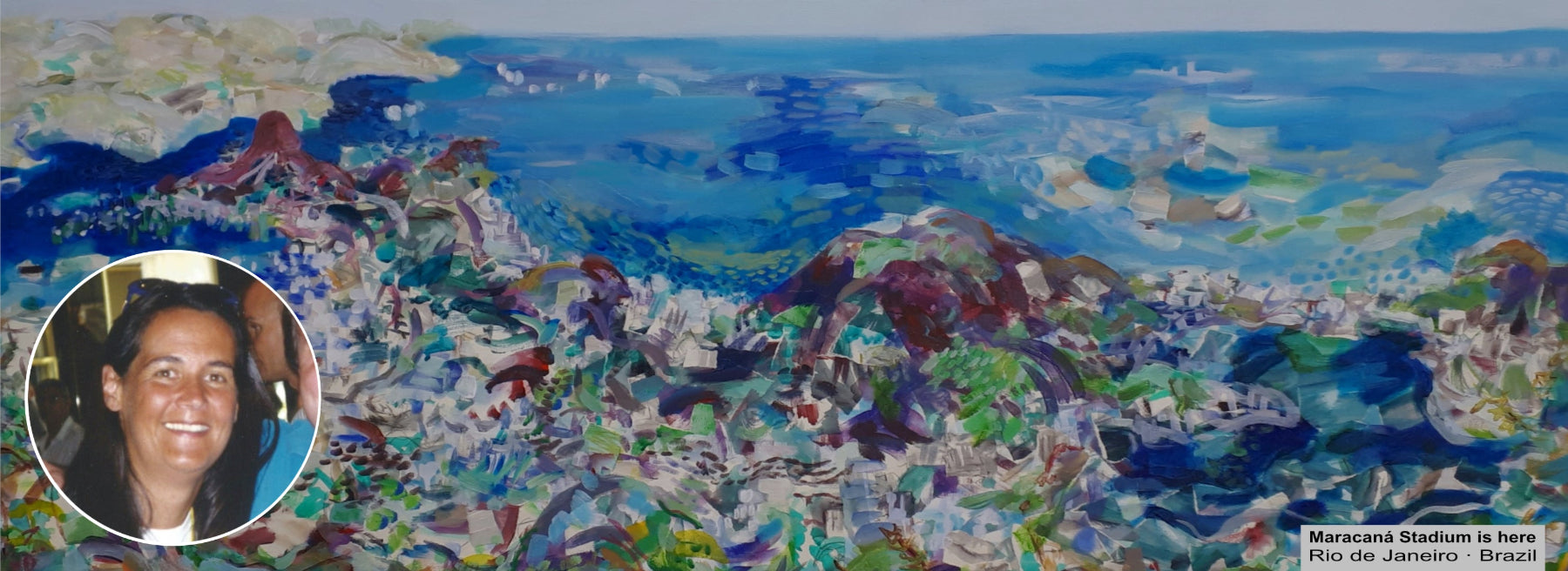 Cassandra Constant painting of Rio de Janeiro in blues and greens with insert photo of artist